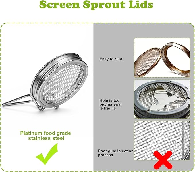 Palksky Sprouting Lids for Wide Mouth Mason Jars, 4Pack Reusable Stainless Steel Screen Bean Sprouts Growing Lid for Organic Alfalfa Broccoli Seeds Mung Bean Plant Germination Kits