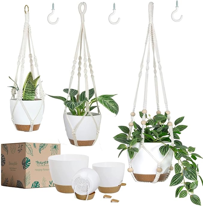 Bouqlife 3 Sets Hanging Planters for Indoor Plants with Self-Watering Hanging Pots and Macrame Plant Hangers, Outdoor Hanging Flower Pots with Drainage 3 Different Size for Home Patio Boho Decor