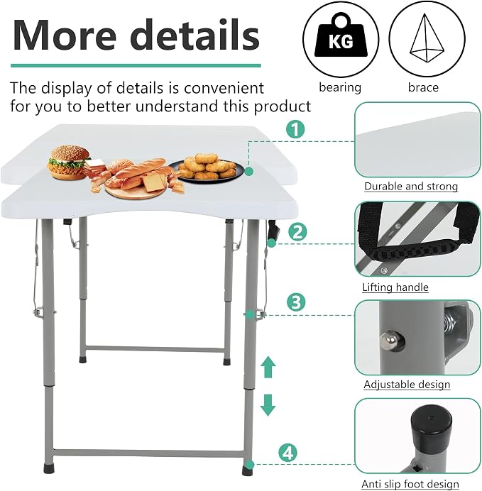 FDW 4FT Folding Table Half Portable Foldable Table Picnic Table for Office Home Camping Party (White, 4 FT)
