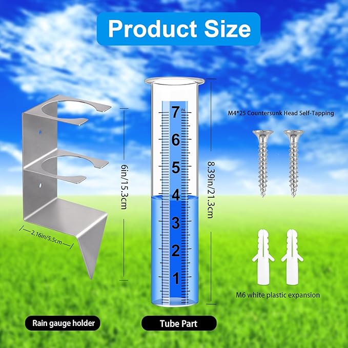 Rain Gauge Outdoor,7" Rain Gauges Outdoors Best Rated with Stainless Steel Rack Holder,Freeze Proof Plastic Large Guage for Yard Garden Fence Lawn Farm
