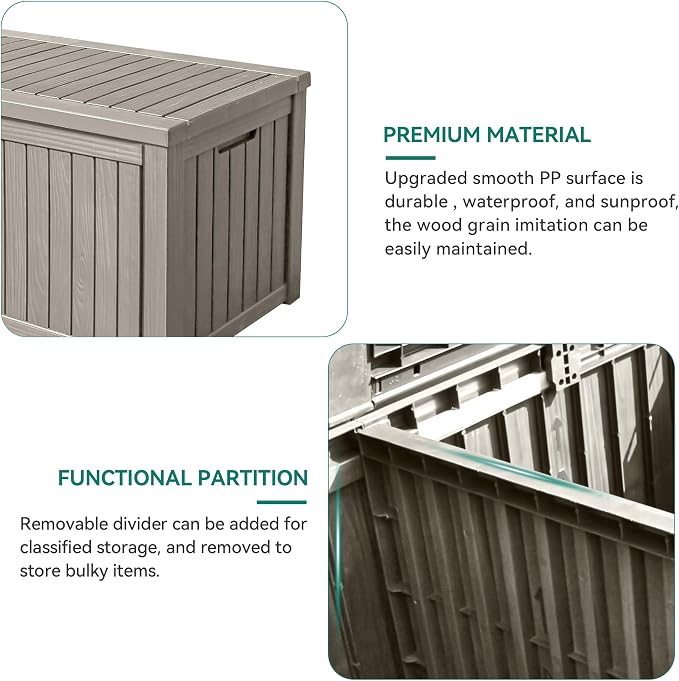 YITAHOME 180 Gallon Large Deck Box w/Divider, XL Waterproof Outdoor Storage for Patio Furniture,Outdoor Cushions, Garden Tools, Sports Equipment and Pool Supplies, Resin, Lockable, Taupe