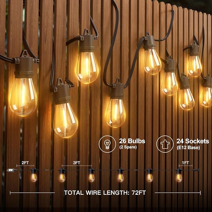 addlon 72FT(2-Pack*36FT) LED Outdoor String Lights with 24 Edison Vintage Shatterproof Bulbs, Commercial Grade Patio Lights, IP65 Waterproof for Balcony, Backyard and Garden, Warm White