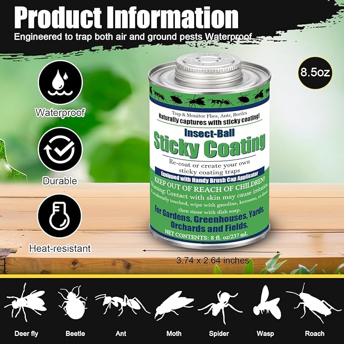 Insect Trap Sticky Coating with Brush and 12 Pcs Plastic Cups, 8 oz Insect Barrier Kit Outdoor DIY Adhesive Coating Pests for Gardens Greenhouses Orchards Plants(Biting Fly Trap Kit)