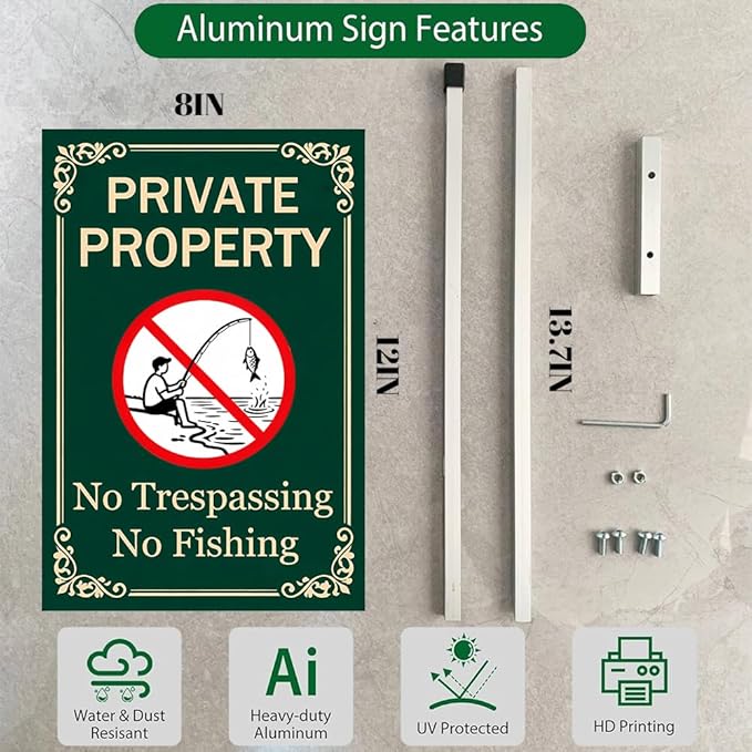 Private Property No Trespassing No Fishing Yard Sign With Stakes Do Not Fish Signs Reflective Rustproof Aluminium Pool Lake Stake Outdoor 8X12 IN
