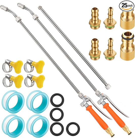 2 Piece Sprayer Wand, Suitable for 1/2 Hose Quick Connector, 1/4" & 3/8" Brass Barb Sprayer Wand Replacement Built-in Shut Valve Stainless Steel Spray Wand, W/ 4 Hose Clamps & 4 Rolls Raw Tape