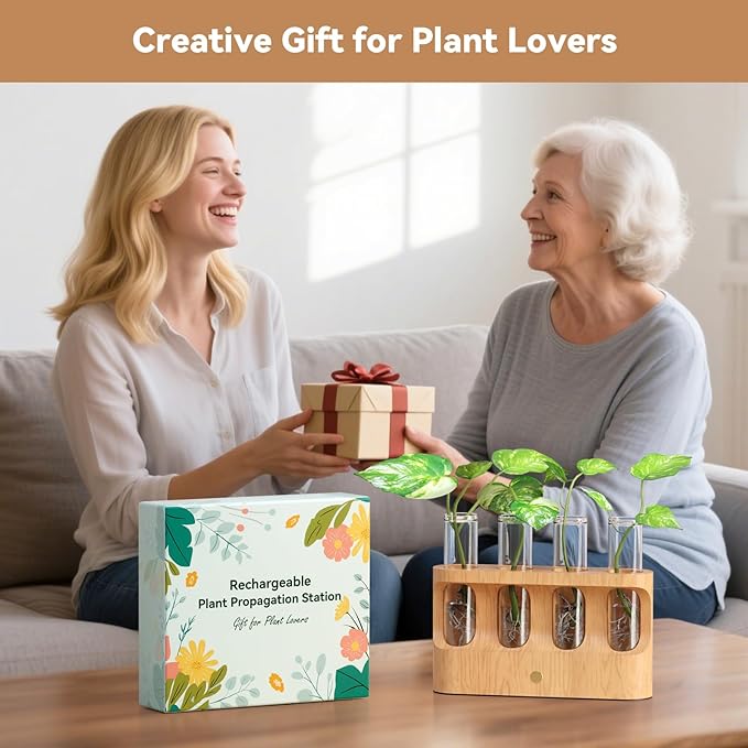 Rechargeable Plant Propagation Station with Stepless Dimming LED Light, Wooden Stand, 4 Glass Test Tubes, Home Decor for Hydroponic Plants, Unique Gifts for Women & Plant Lovers