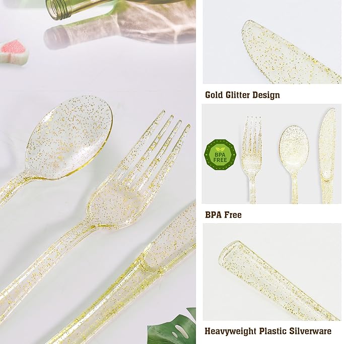 50 Pcs Gold Glitter Plastic Forks Gold Plastic Silverware Heavy Duty Cutlery Set Disposable Flatware Dinnerware for Brithday, Wedding, Baby Shower, Family Gathering