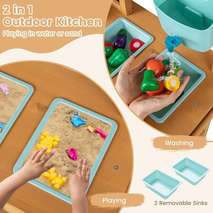 Costzon Mud Kitchen, Toddler Wooden Pretend Playset w/Faucet, Pots, Removable Sinks, Chalkboard, Stovetops & Planting Accessories, Mud Kitchen for Kids Outdoor, Garden, Backyard, Girls & Boys 3+