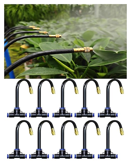 20-Piece Drip Irrigation Kit - 10 Adjustable 360° Misting Sprinklers & 10 Push-to-Connect 12-8mm Tee Fittings, Tool-Free Watering System for Garden, Greenhouse, Potted Plants