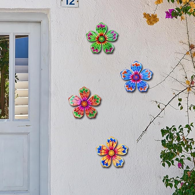 Giyyomtr Metal Flowers Wall Decor - 4pcs 6.2'' Metal Wall Art Hanging Decorations for Outdoor Fence Garden Yard Patio Exterior Wall Decor