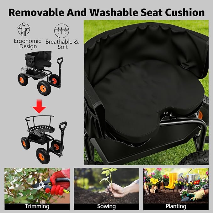 Garden Seat with Wheels, 400lbs Rolling Garden Stool, with Height Adjustable & 360° Swivel Seat, Tool Tray & Storage Basket, Outdoor Gardening Scooter, Garden Cart Workseat for Yard, Patio