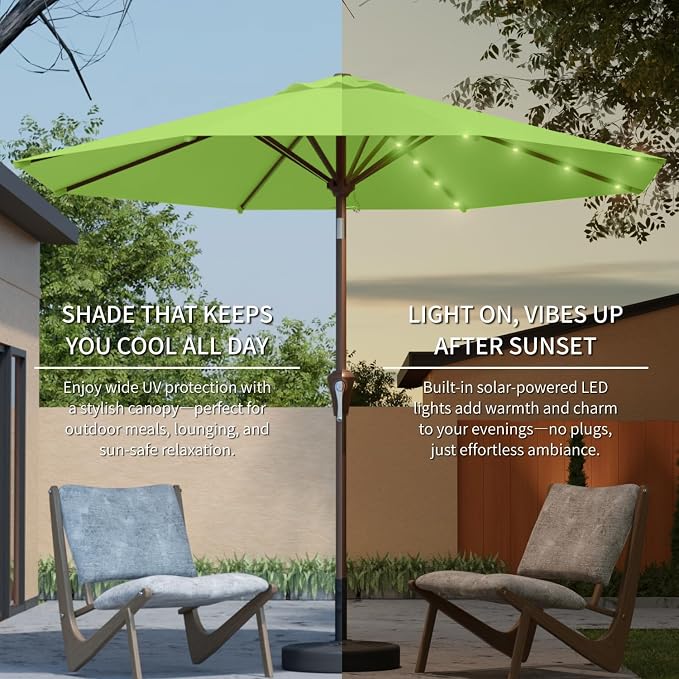 10FT Solar Umbrella 32 LED Lighted Patio Umbrella Table Market Umbrella w/Tilt and Crank, UV-Resistant Outdoor Umbrella for Pool, Garden, Deck, Apple Green