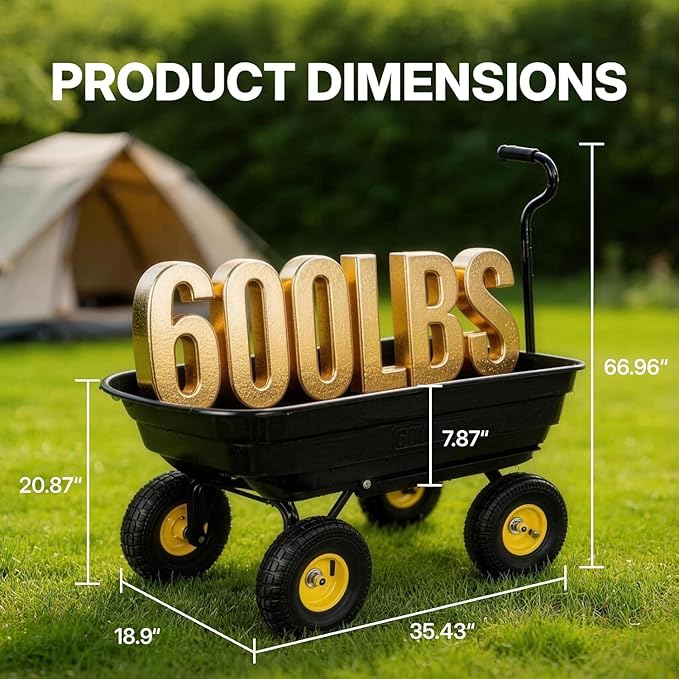 NORTHSKY 600 LBS Heavy Duty Garden Dump Cart,10" All-Terrain Wheels, 180° Rotating Handle, Yard Cart for Landscaping, Farm, and Outdoor Work (Glossy Black)