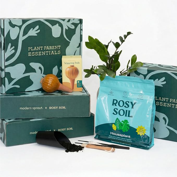 Rosy Soil Plant Parent Essentials Gift Box - Indoor Plant Kit & Gardening Tool Kit | Peat-Free Houseplant Soil, Terracotta Watering Bulb, Soil Scoop, Plant Brush - Gift for Father's Day, Plant Lovers
