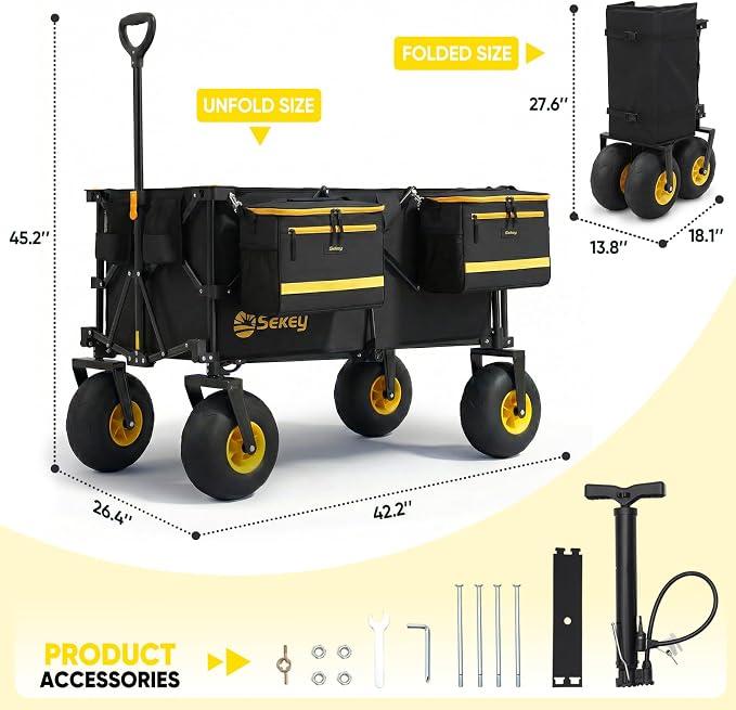Sekey Heavy Duty Beach Wagon with 9" Big Sand-Proof Wheels, 300L Oversized Foldable Beach Cart with Cooler| Adjustable Handle & Balloon Tires for Sand, Camping,Vacation