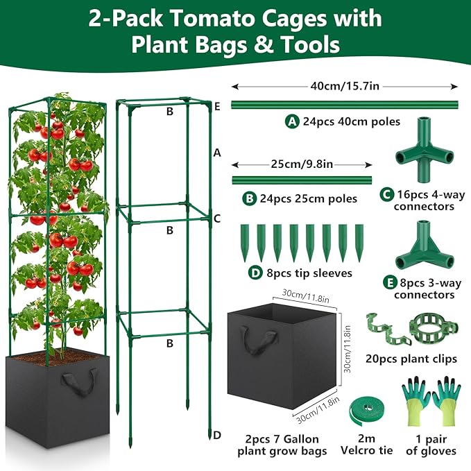 2 Pack Tomato Cages for Garden, 49 Inch Tall Tomato Cage with 7 Gallon Planter Bags, Plant Support Trellis Frames for Garden Cucumber Vegetables Plants Climbing Outdoor Indoor