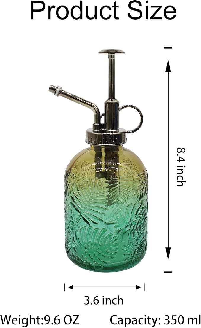 Glass Plant Mister Spray Bottle, 350ML Vintage Plant Spritzer, Succulent Watering Bottle Glass with Top Pump, Small Plants Sprayer Watering Can for Indoor (Brown Green)