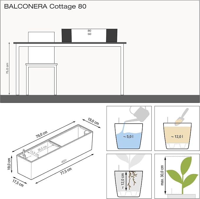 Lechuza BALCONERA Cottage 80 Mocha, Self-Watering Window Box (Railing Planter), H7.5 L31.5 W7.5 in