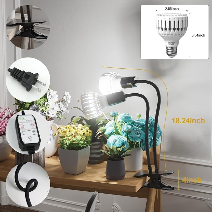 GooingTop Grow Light,24W (160Watts Equiv) 5000K White Full Spectrum LED Growing Lamp Clip on Desk for Indoor Plants,Bulbs Replaceable & Non-dimmable (Black, 160W)