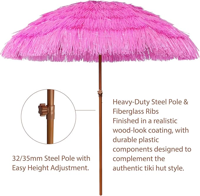 AMMSUN 7.5ft Hula Thatched Tiki Patio Beach Umbrella Hawaiian Style 10 Ribs UPF 50+ with Tilt Carry Bag for Outdoor Tiki Bar, Tropical Palapa, Patio Garden Beach Pool Backyard Pink