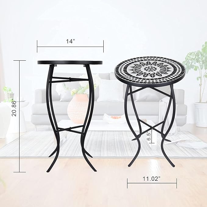 Vipush Outdoor Side Table Mosaic Accent Table End Table Plant Stand for Patio Garden Backyard Balcony Porch,14'' Round Mosaic Table Top with Black Iron
