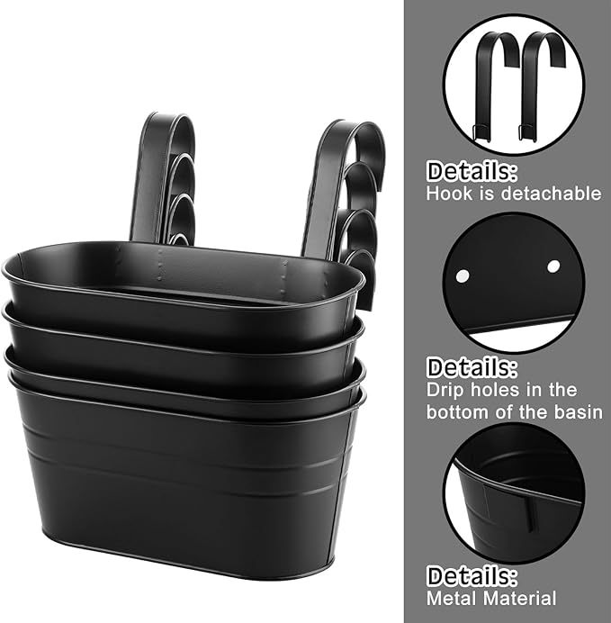 Hicarer Metal Hanging Flower Pots for Railing Fence, Large Hanging Rail Planters for Outdoor Window Balcony Plants Holder with Hooks for Garden Yard Home Decor(Black,4 Pcs)