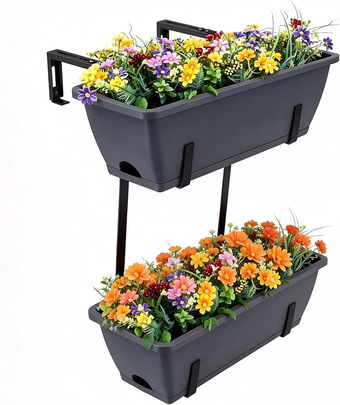 Balcony Planters Railing Hanging, Deck Railings Planter Boxes 16.9in, Railing Planter Box, Deck Planters for Railings, Railing Flower Box with Metal Brackets, Grey (2Pcs)