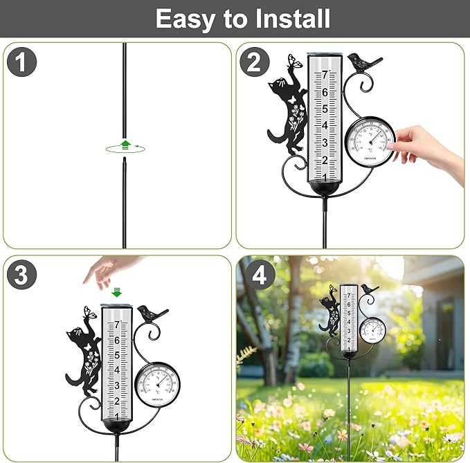 shumi Rain Gauge Outdoor with Thermometer Garden Decor, Bird and Cat Decorative Outdoor Rain Gauges for Yard Patio Lawn, Gardening Gifts for Women