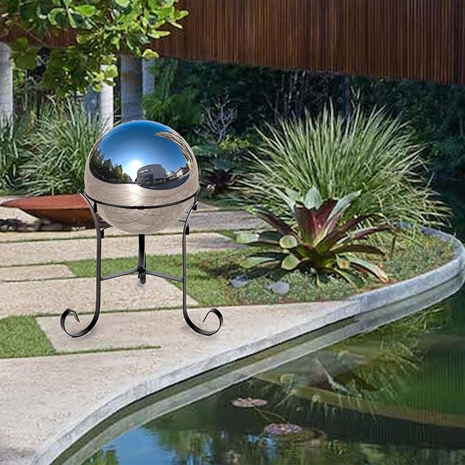Nerien 10 Inch Gazing Ball, Stainless Steel Garden Mirror Globe, Polished Ornament Sphere, Hollow Floating Reflective Hemisphere, Home Outdoor Pond Housewarming Swimming Pool Decoration Gifts, Silver
