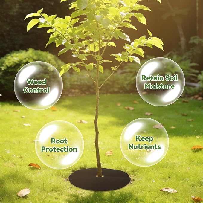 8 Packs Tree Mulch Ring - 32.2” Non-Woven Degradable Landscape Barrier Mat with Stakes, Tree Protector Ring, Barrier Fabric for Root Protection for Garden Patio Orchard Landscaping