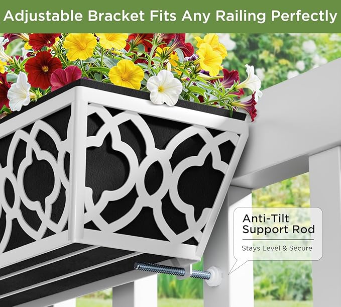 2 Pack 30 Inch Railing Planter Boxes with Adjustable Brackets & Non-Woven Liner, Deck Window Hanging Flower Box for Balcony, Fence, Patio, Outdoor Garden, Gray