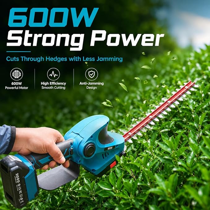 Seesii 20V Cordless 2-in-1 Hedge Trimmer: 12" Shrub Trimmer & 6" Grass Shears, Dual-Action SK5 Blades, 2 x 2.0Ah Batteries, Rotating Handle, 1/2" Cut Capacity for Small Yards, Bushes and Lawn Edges