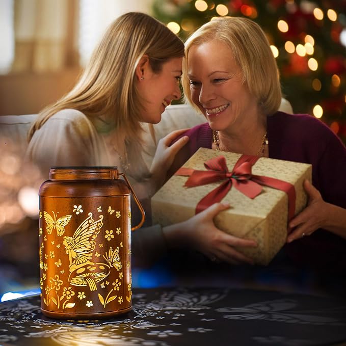 Fairy Solar Lanterns Outdoor Waterproof,Hanging Butterfly Lights Mothers Day Gifts for Women Mom Grandma Hollow Out Metal Lantern Decorative Summer Garden Decor for Patio,Yard,Porch,Pathway