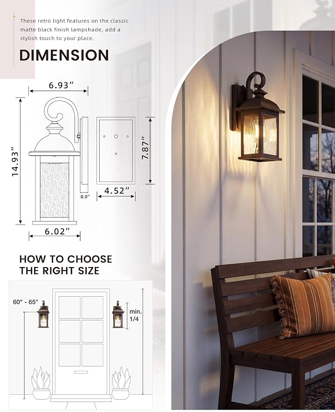 FEMILA Outdoor Wall Light Fixture, Exterior Waterproof Wall Sconce, 15" Exterior Front Porch Lights, Anti-Rust ORB Finish with Water Ripple Glass, UL Listed, 4FD54B ORB-WP
