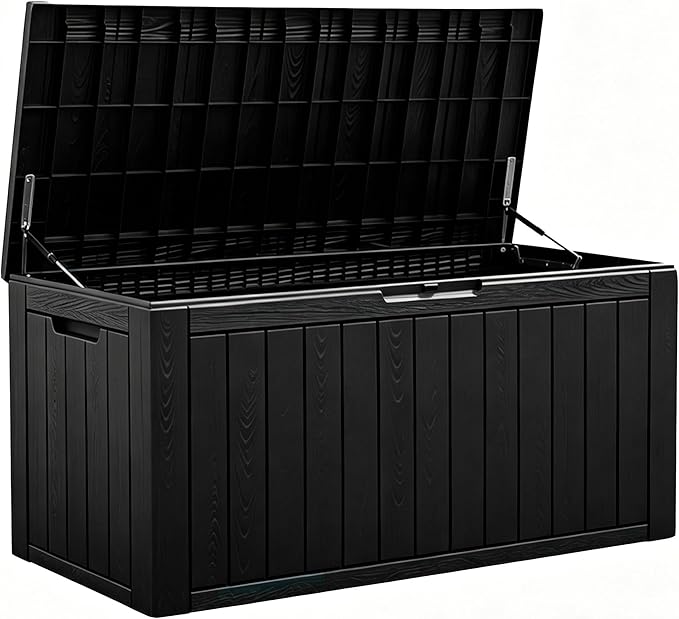 Fancyango 110 Gallon Outdoor Deck Box Waterproof, Large Storage Box for Patio, Resin Storage Bench Lockable for Garden Tools, Package Delivery, Black