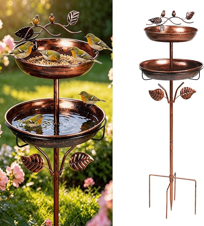 Breeze Touch 2-in-1 Metal Bird Bath for Outdoor, Vintage Garden Bird Bath with Detachable Birdbaths & Birdfeeder Bowl, Free Standing Bird Feeder with 5 Prongs Base Stake for Yard Lawn Decor(Bronze)