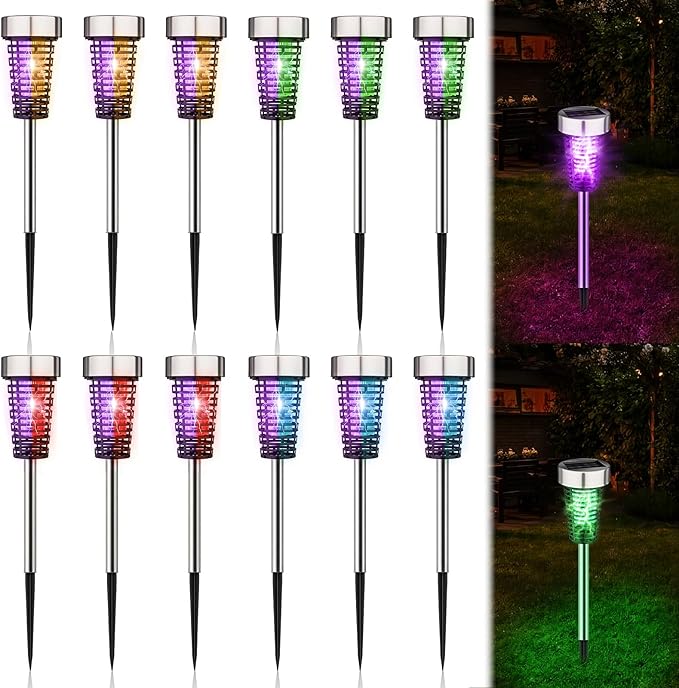 Qualirey 12 Pack Solar Bug Zapper Outdoor Waterproof Mosquito Repellent Killer Bug Zapper Lamp with LED Light for Outdoor Garden Patio Yard (Purple and Colorful Light,Silver)