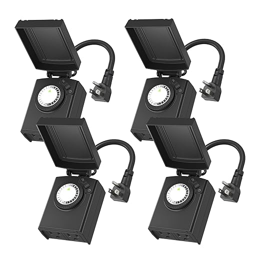 BN-LINK 24 Hour Heavy Duty Mechanical Timer, Outdoor Timer Outlet Waterproof with 30 Minutes Intervals, 2 Grounded Outlets for Christmas Lights Pool Pump,15A 1/2HP, ETL Listed（4 Pack）