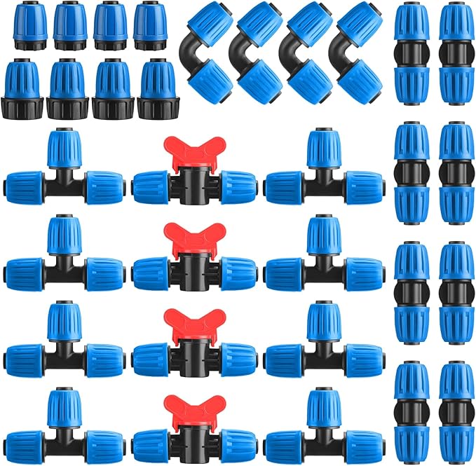 Pushglossy 32 Pcs 1/2" Tubing Irrigation Fittings Kit 1/2" ID x 0.6-0.63" OD 16 mm Drip Irrigation Barbed Connectors 4 Switch Valves, 8 Tees, 8 Couplings, 4 Elbows, 4 Ends, 4 Adapters (Blue)