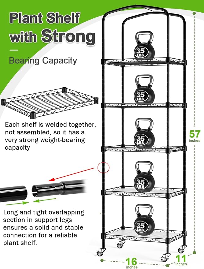 5-Tier Mini Greenhouse with Caster Wheels, Each Shelf Height Adjustable Metal Plant Shelf with PVC Cover for Seed Starting Trays, Seedling Pots, Plant Pots, 11x16x57inch