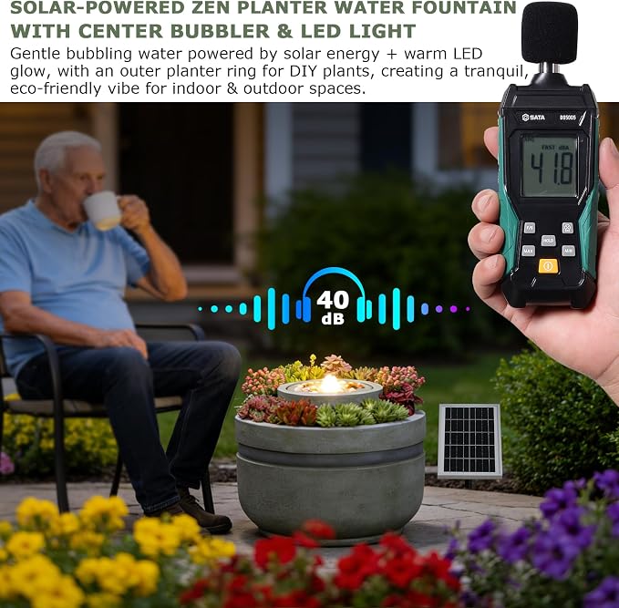 Solar Water Fountain Outdoor Garden Solar Power Fountains with Lights and Built-in Planter,Zen Bubbler Water Feature Outdoor for Outside Patio Yard Home Décor, 23.62" L x 23.62" W x 18" H
