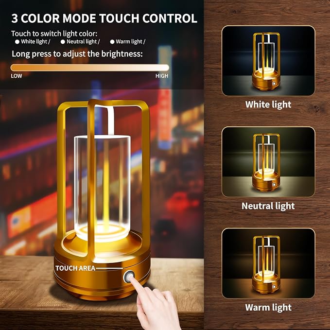 Set of 2 Outdoor Table Lamp, 4000mAh Rechargeable battery operated lamp, 3 Color Stepless Dimmable Cordless Table Lamp for Patio, Camping, Coffee table, crystal lantern lamp for Indoor/Outdoor (Gold )