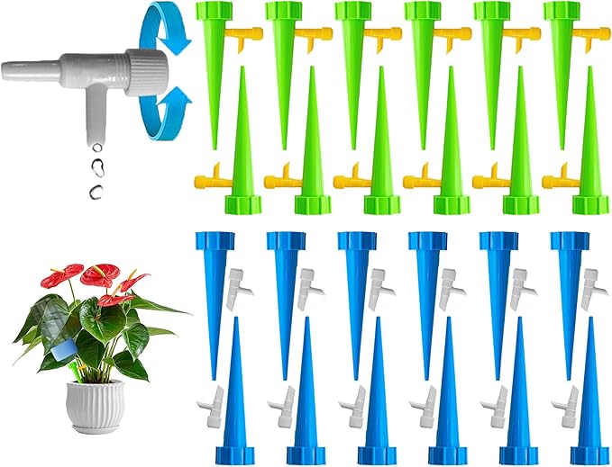 24PCS Self Plant Watering Spikes Device, Adjustable Flow Self Watering Spikes, Automatic Plant Irrigation System with Flow Control Valve for Indoor Outdoor Garden Vacation Plant Care
