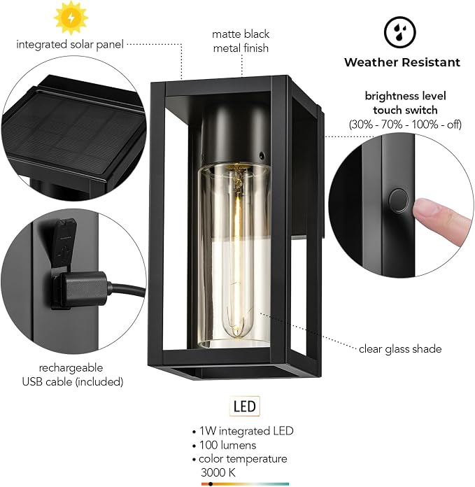 Globe Electric 60000167 1W LED Integrated Solar Powered Outdoor Wall Sconce, Matte Black, Integrated Solar Panel, Clear Glass Shade, 100 Lumens, 3000 Kelvin, 90 CRI