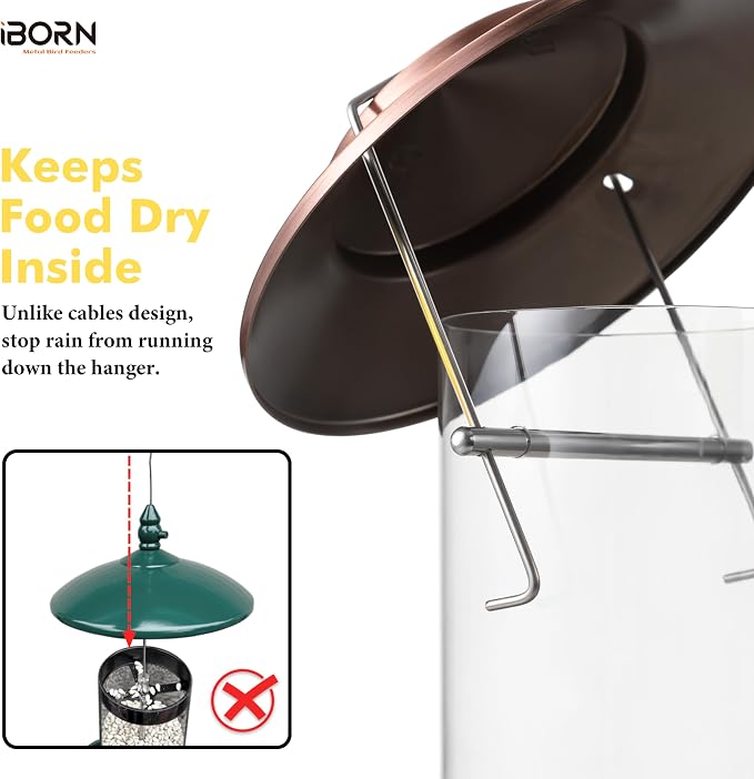 iBorn Bird Feeder Metal Squirrel Chew-Proof Bird Feeders for Outdoors Hanging Outside for Cardinal, Holds 1.32LB Seed with 3 Perchs, Brushed Copper (Seed is not Included)