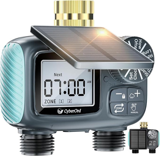 2 Zone Solar Water Timer, Hose Timer with Solar Charging, Sprinkler Timers for Garden Hose with Auto/Manual/Rain Delay Modes, Digital Drip Irrigation System for Lawn/Patio/Garden