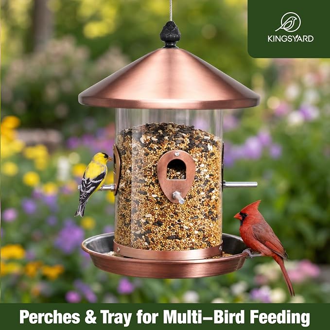 Kingsyard 4.5-Cups Large Metal Bird Feeders for Outdoors Hanging with 8 Ports, Tube Bird Feeder with Seed Tray, Weatherproof Chew Proof Roof for Cardinal Finch, Copper