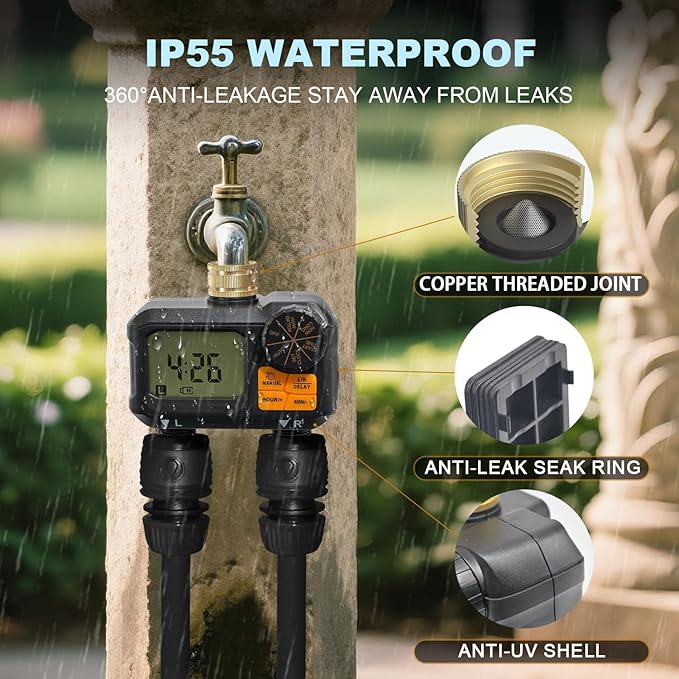 ANDOLL HOME Water Timer for Garden Hose - 2 Zone Timed Sprinkler with Rain Delay/Manual Watering/Automatic Irrigation Programmable Faucet Timer for Yard Lawn (1, Matte-Black)