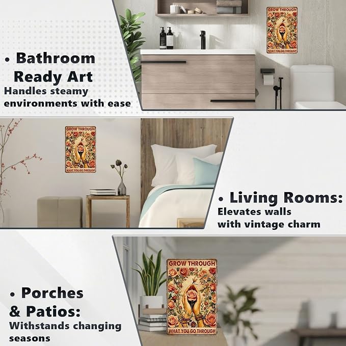 Vintage Flowers Tin Sign Grow Through What You Go Through Retro Garden Metal Sign Nostalgic Inspirational Wall Decor For Home Garden Plaque Yard Patio Porch Farmhouse Cafe Bar 12 * 8 In