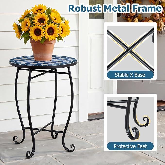 Giantex Outdoor Side Table, Floral Clover Mosaic Patio Accent Table, 14" Coffee End Table, Indoor Outdoor Metal Plant Stand for Porch Garden Balcony Desk